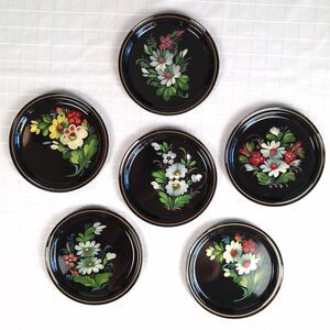 Complete Set of 6 Vintage Soviet Russian Hand-Painted Floral Toleware Plates